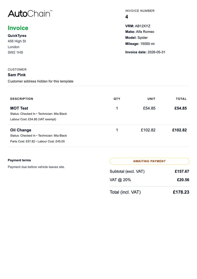 A4 invoice printout example