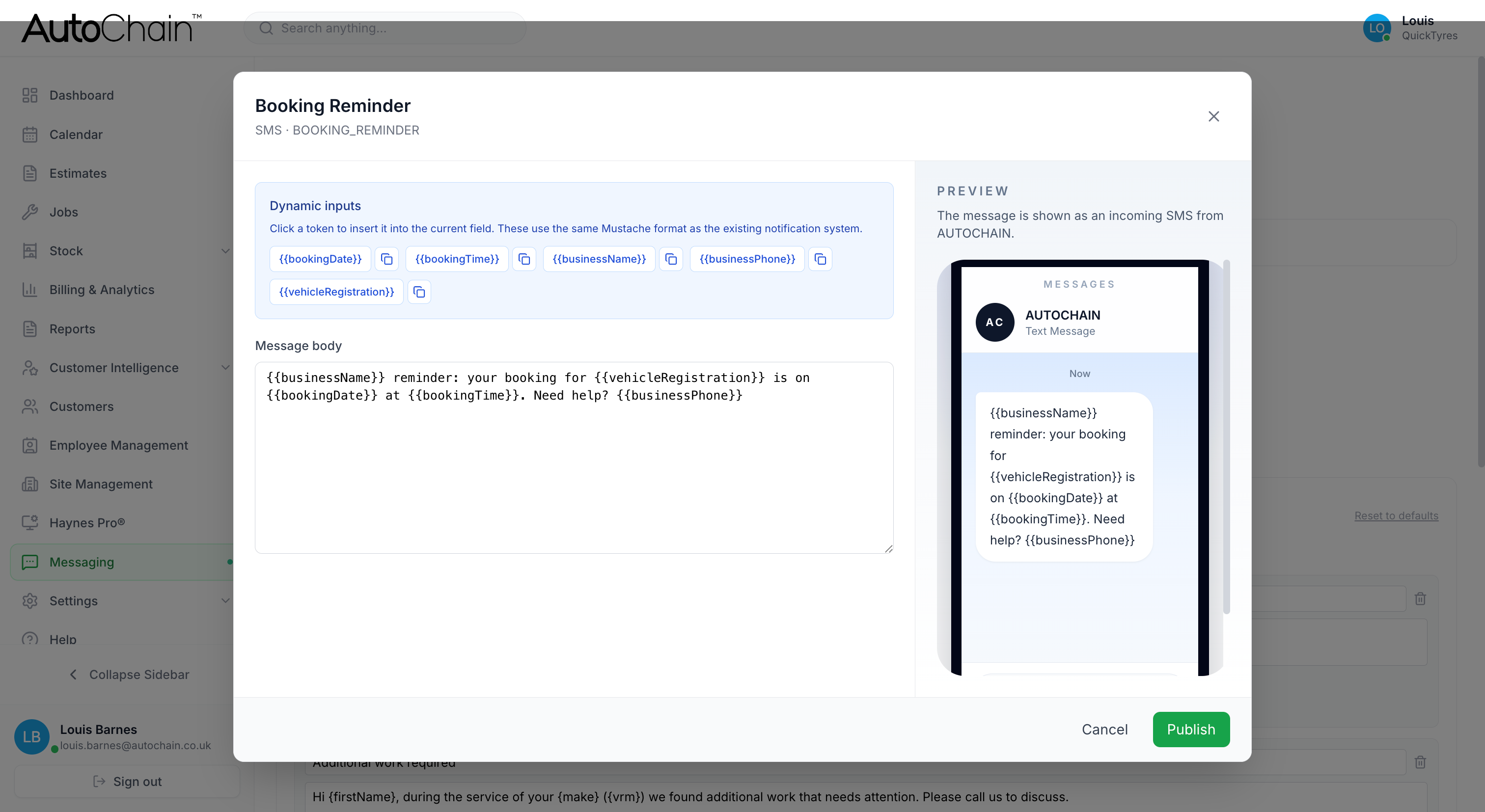AutoChain booking reminder confirmation screen