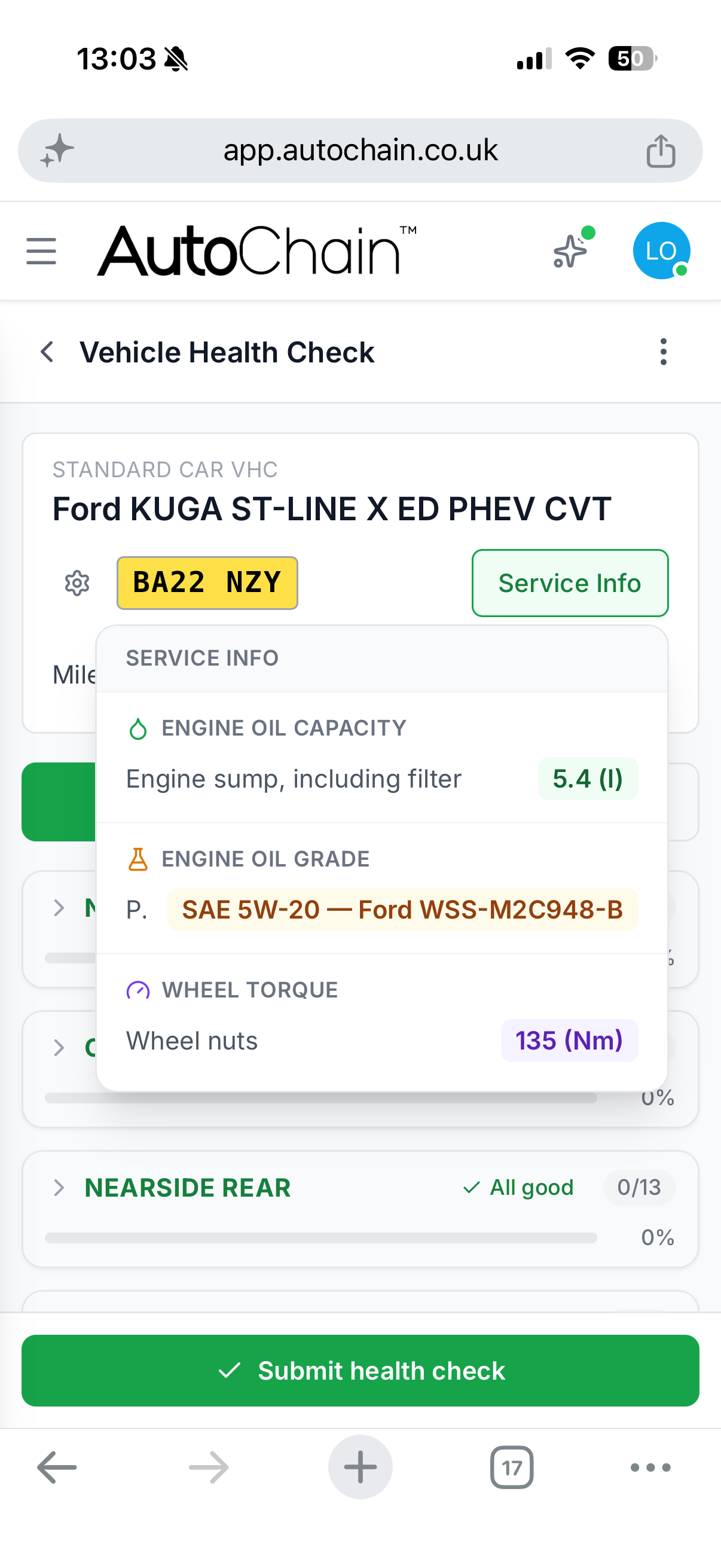 AutoChain HaynesPro service info showing engine oil capacity, oil grade and wheel torque