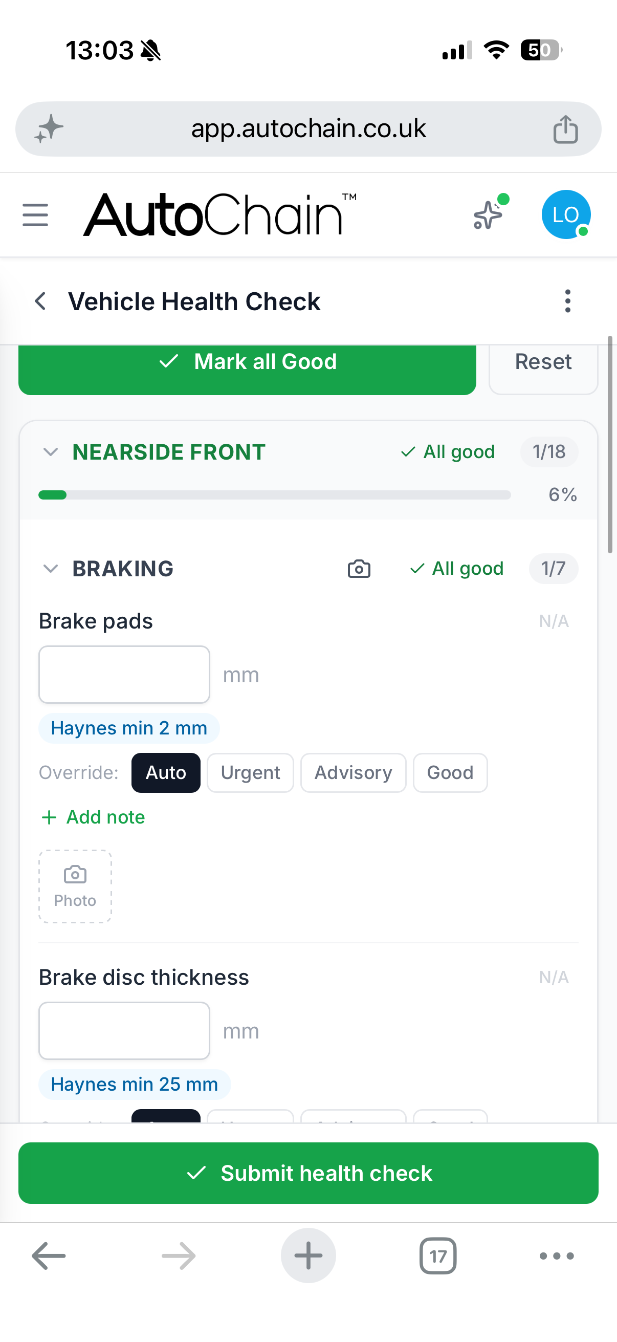 AutoChain Vehicle Health Check on a phone, showing HaynesPro brake pad and disc tolerances with photo upload