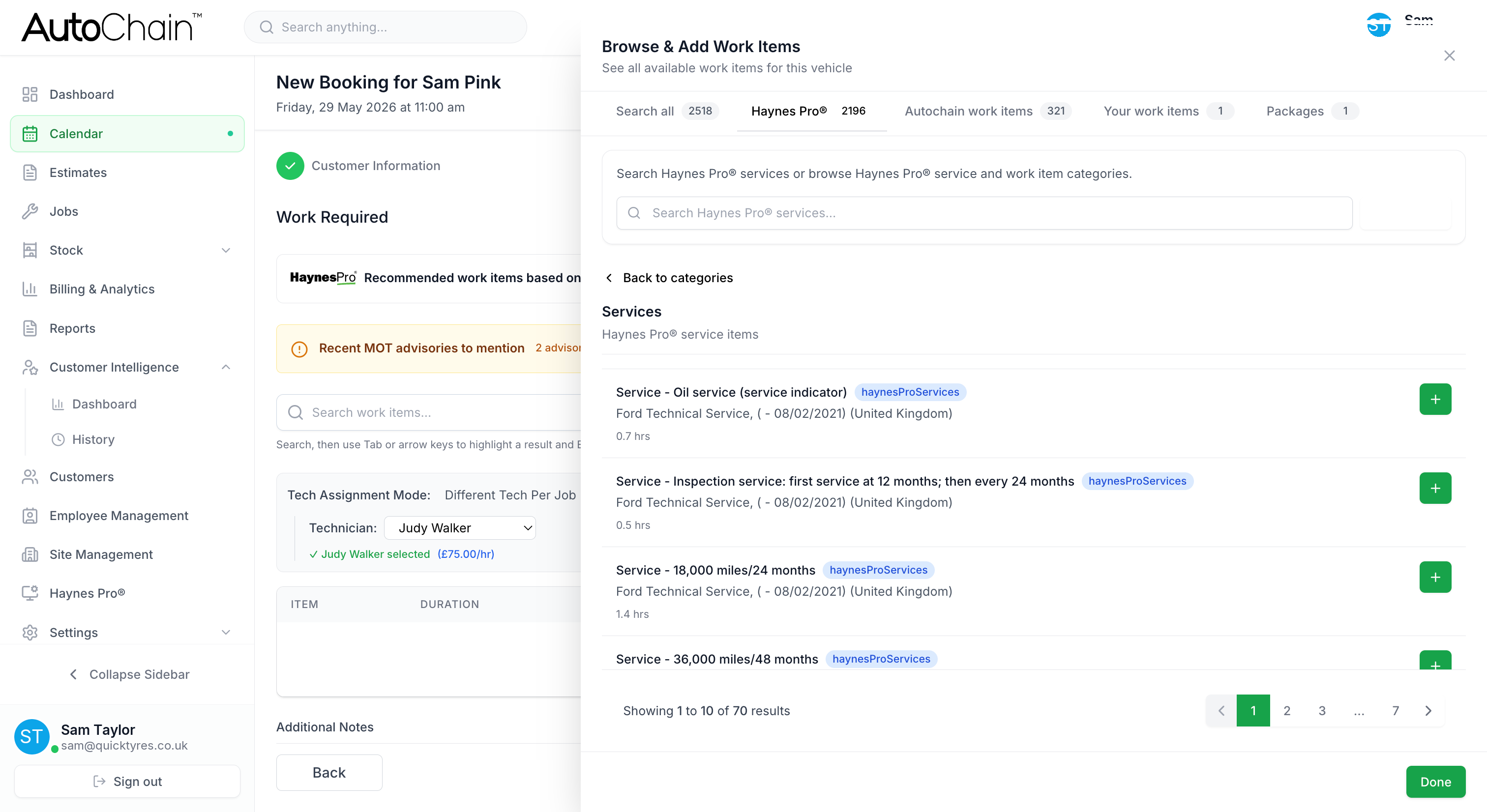 AutoChain new booking with recent MOT advisories and the add work items window