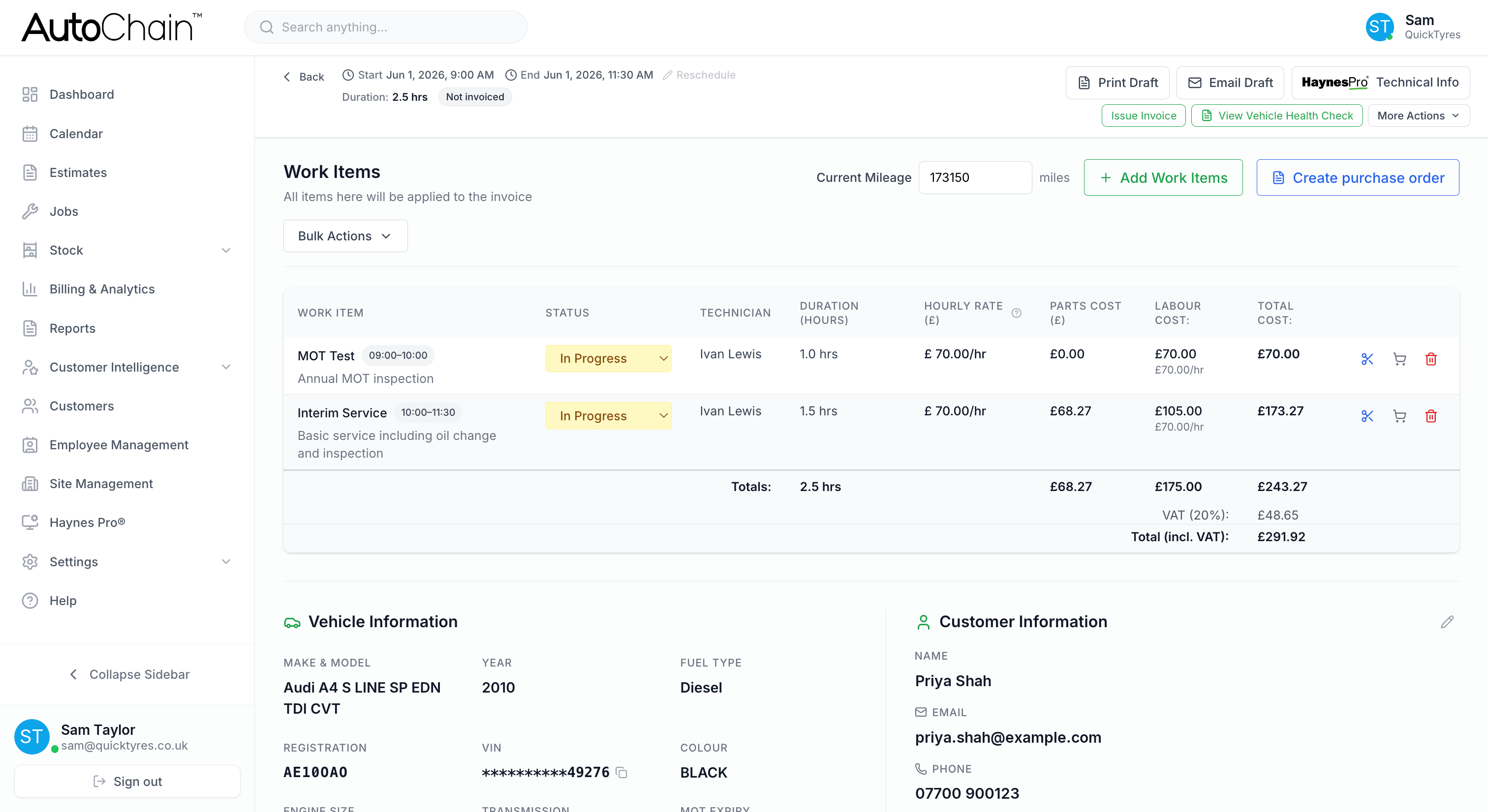 AutoChain jobs list with vehicle records