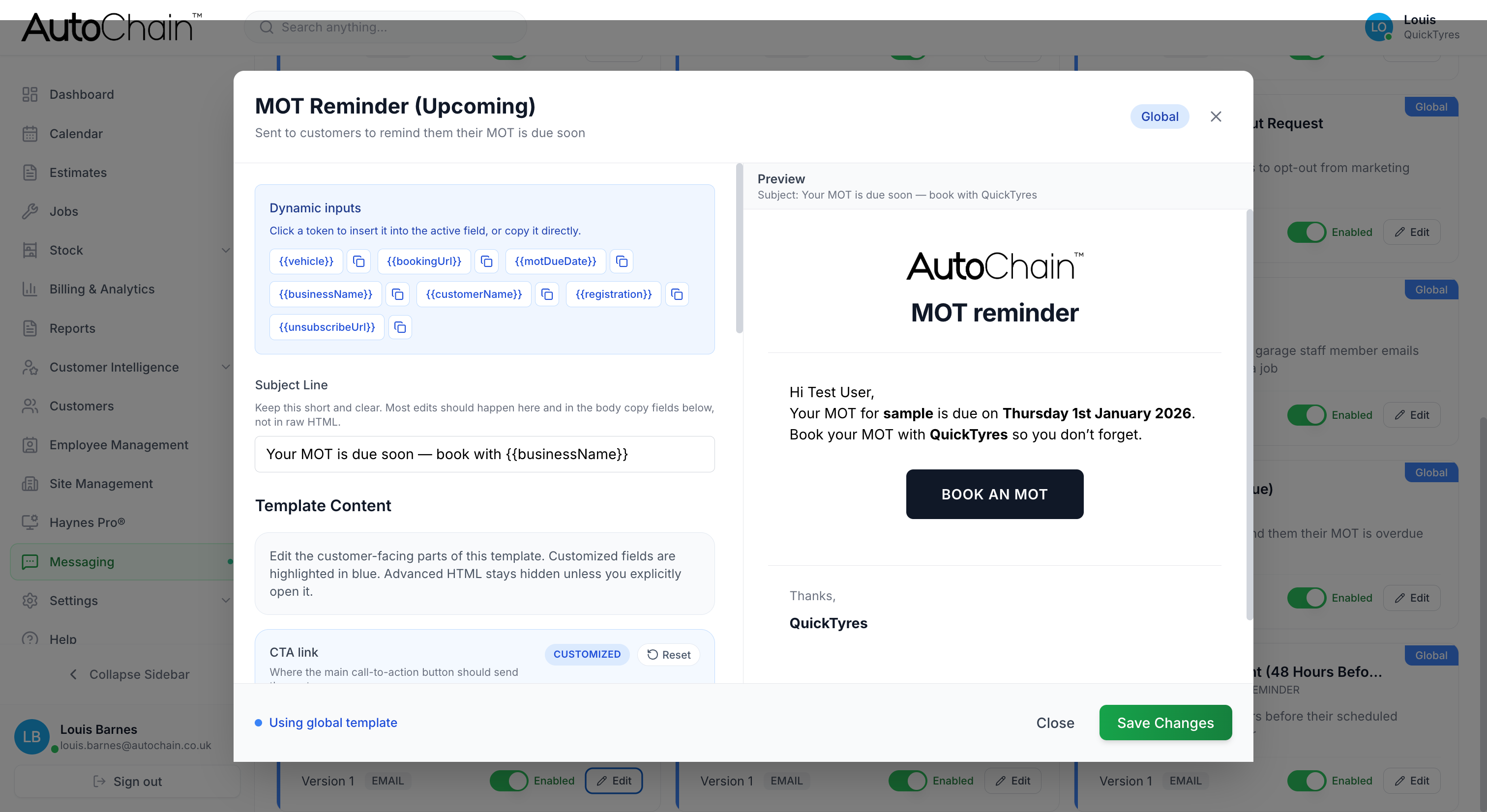 AutoChain MOT and service reminder dashboard