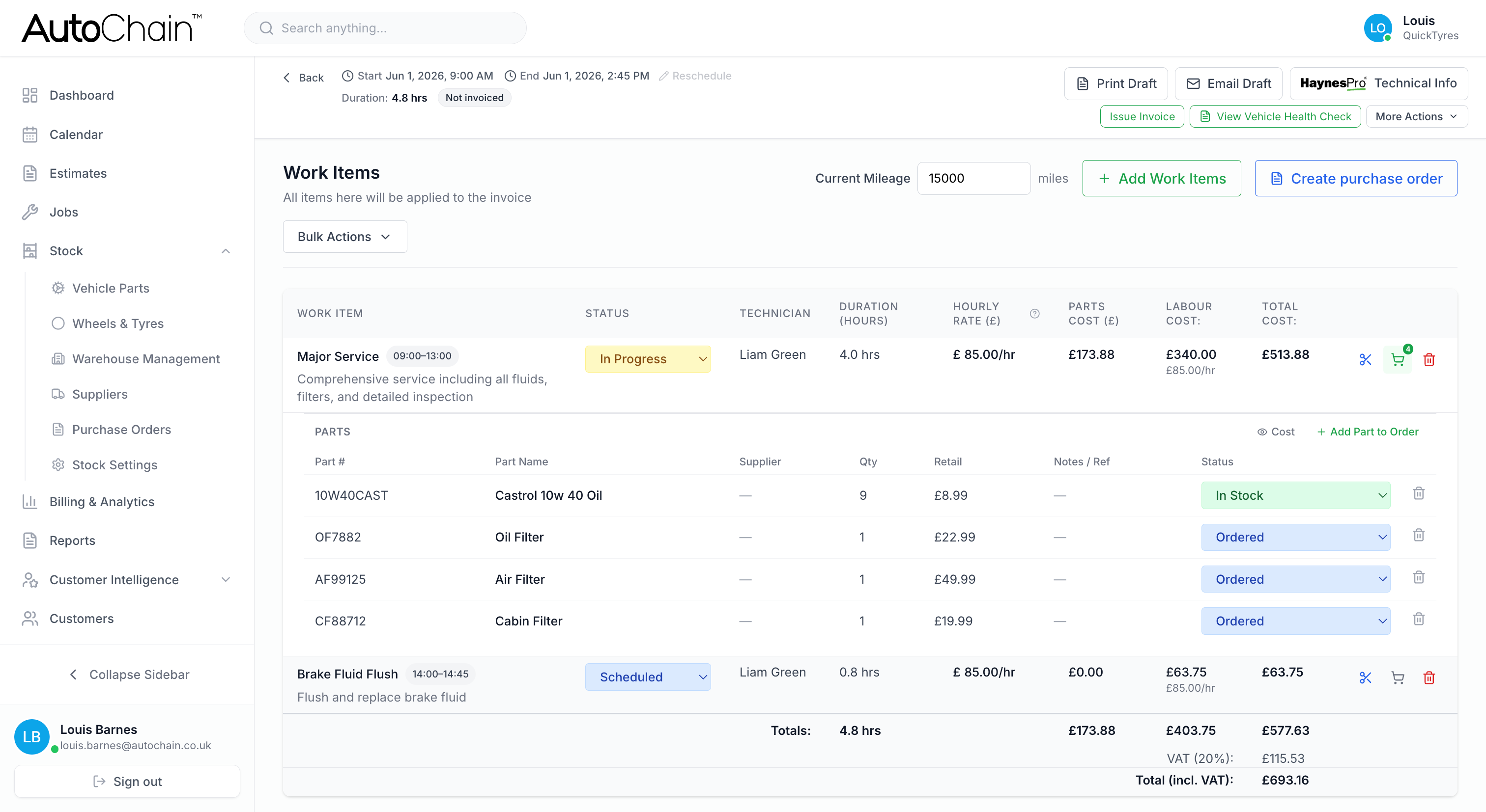 AutoChain parts and stock management