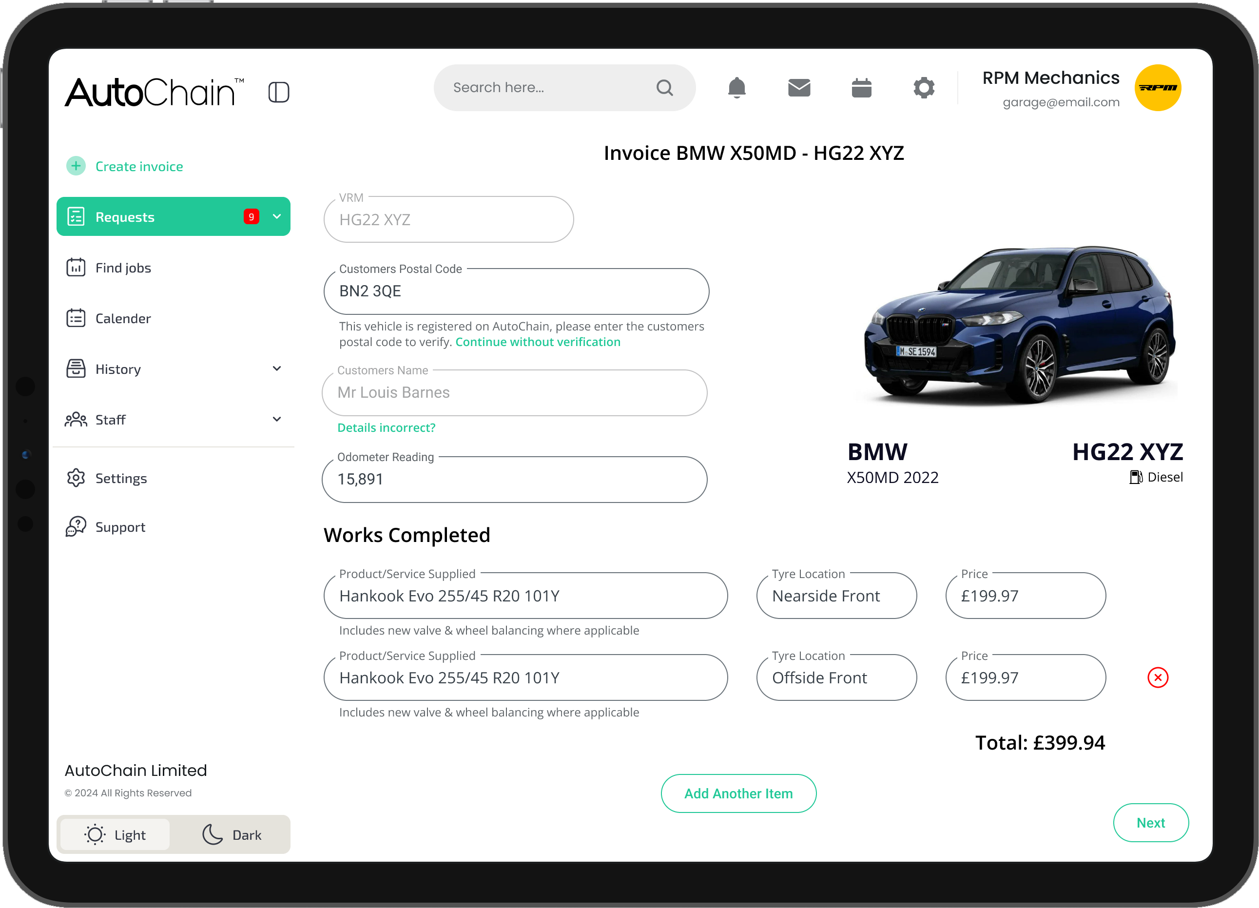 AutoChain business app on tablet showing comprehensive garage management system interface