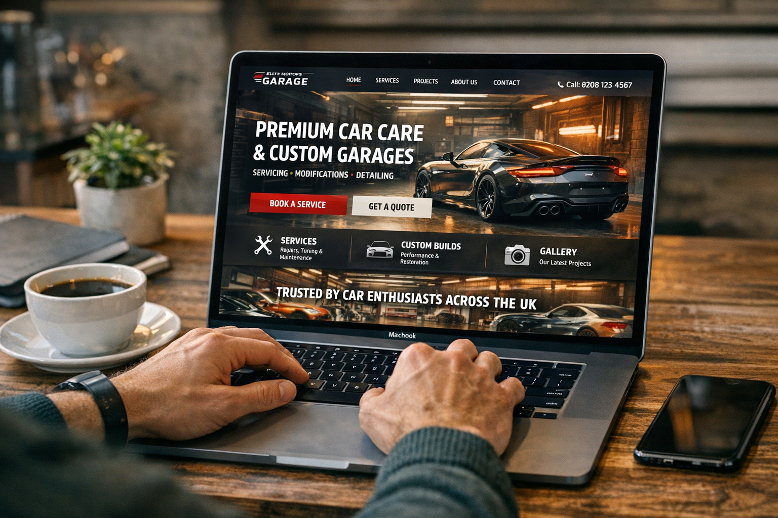 Example garage website designed by AutoChain - laptop showing professional garage website with booking software