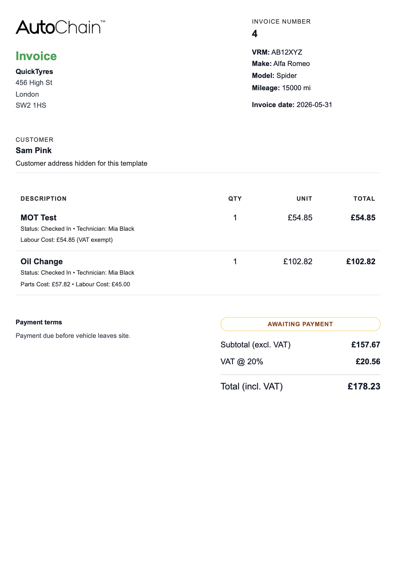A4 invoice printout example