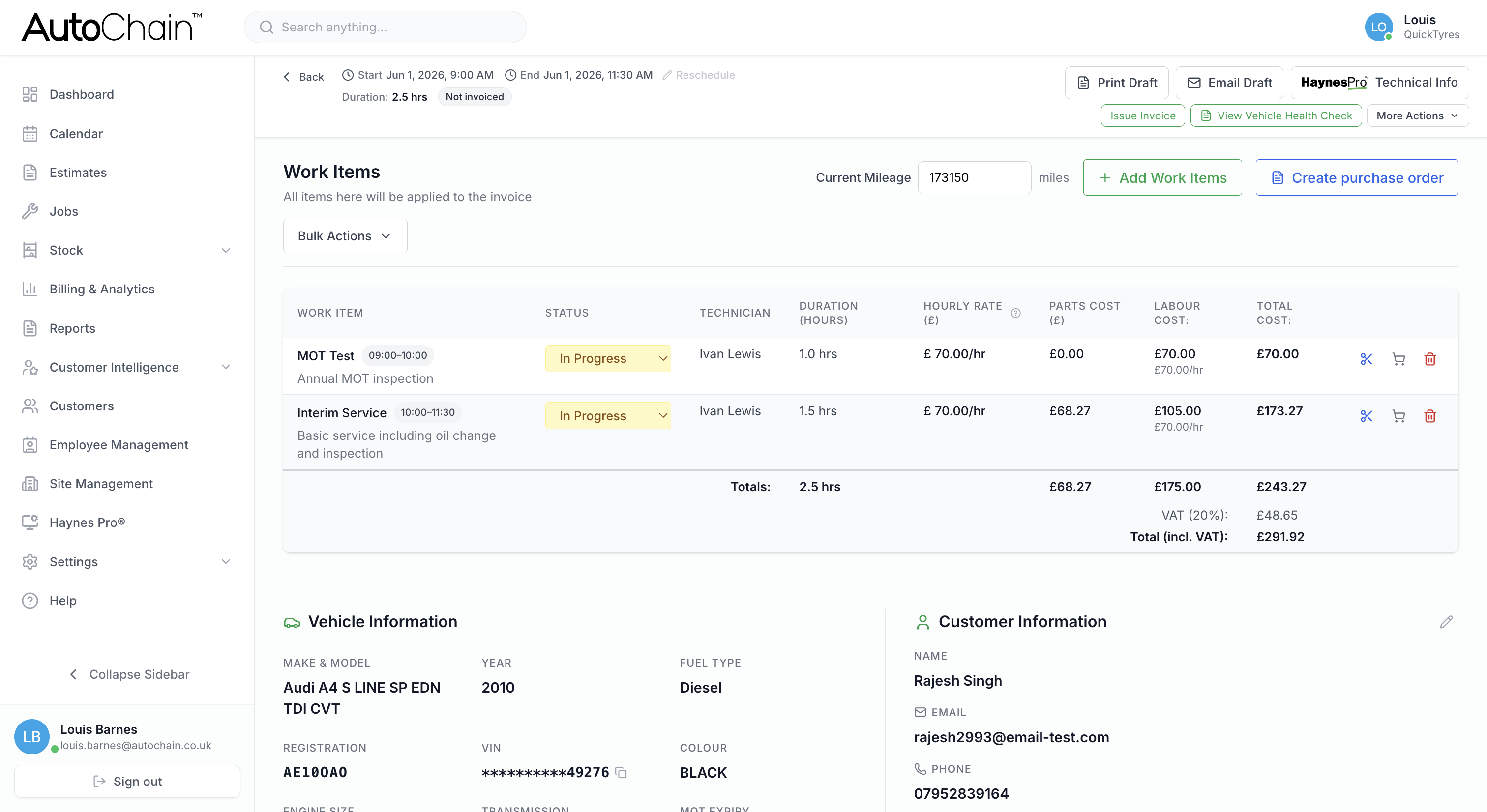 AutoChain jobs list with vehicle records